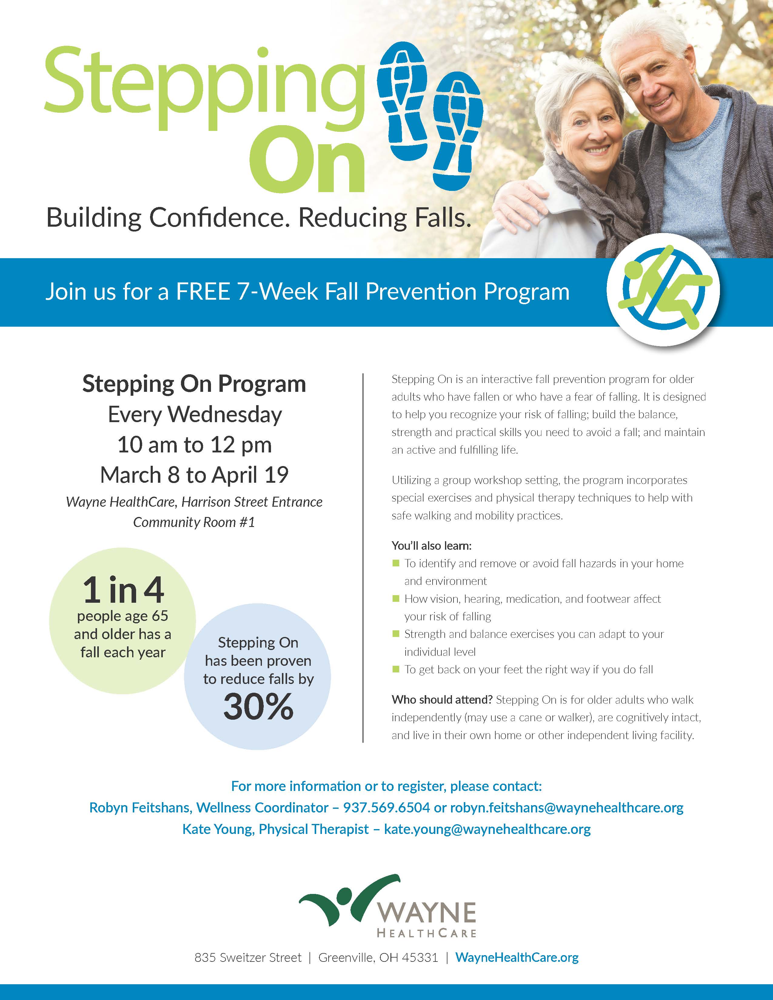 Couple with arms around each other and tree in the background.  Informational flyer about Stepping on Program.